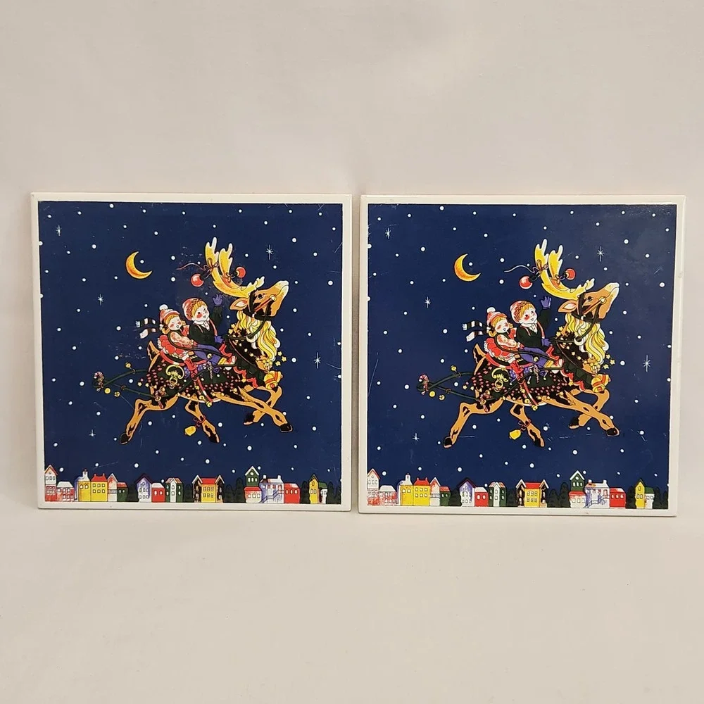 Set of 2 1991 Beechwood Ltd Christmas Ceramic Tile Trivet 6x6 Reindeer Sleigh‎